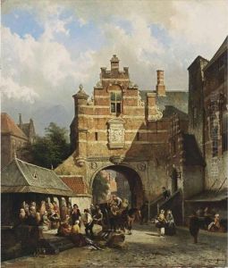 A Fishmarket In A Dutch Town by Cornelis Springer
