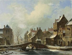 Skaters On A Frozen Canal In A Dutch Town