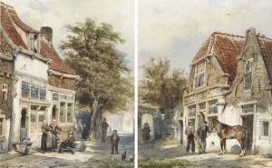 Washerwomen In A Village Street; And Grooms With A Horse by Cornelis Springer
