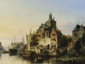 A Townview With Tall Ships And Figures On A Quay