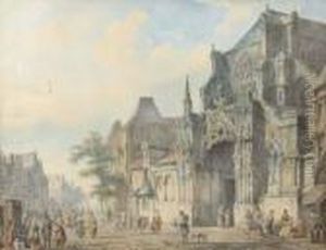 A Townview With Figures On A Church Square by Cornelis Springer