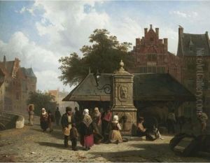 Figures In A Town Square by Cornelis Springer