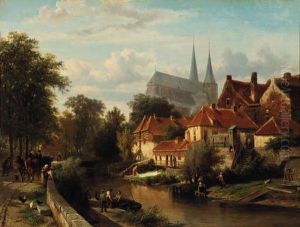 A Summer's Day In Deventer With 
Figures On The Town-wall, The Bergkerk Towering In The Distance