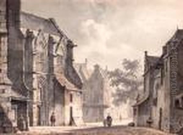 A Townview With A Mother And Child Strolling Down A Churchsquare - view 1