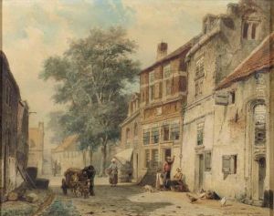 A Streetscene In Culemborgh With A Dog-cart