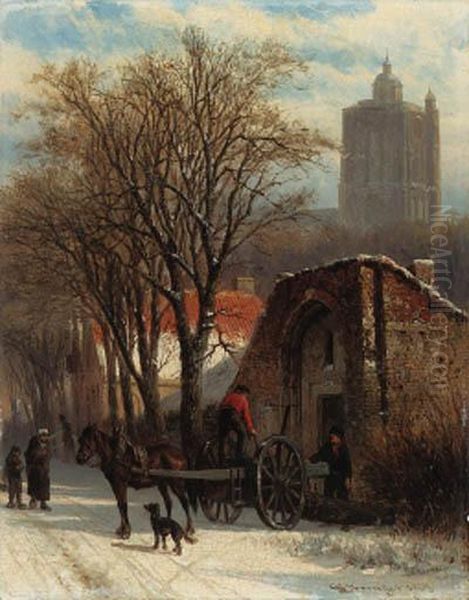 Brielle In Winter With A Figure Unloading A Cart - view 1