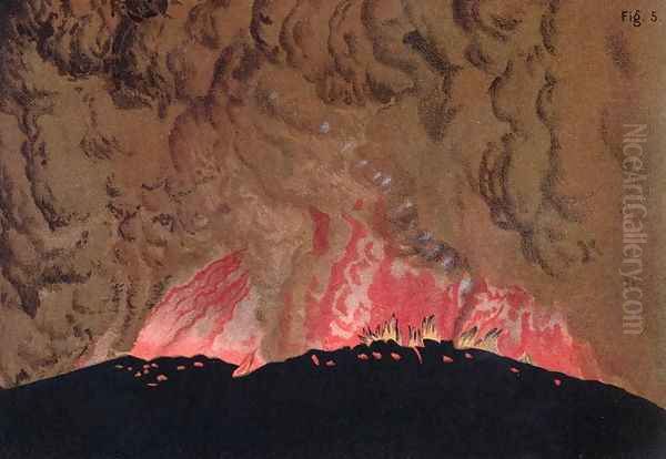 The Aphroessa and Georgios lava flows during an eruption of the Santorini volcano, illustration from Etudes sur les Volcans by the artist, engraved by Druck and Arnold, 1881 - view 1