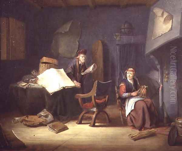 Interior with a scholar and an old lady spinning - view 1