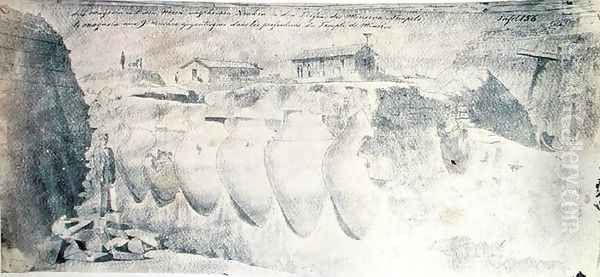 Sketch of a shop with nine giant amphorae in the lower levels of the Temple of Minerva, from the Troy excavations - view 1
