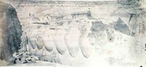 Sketch of a shop with nine giant amphorae in the lower levels of the Temple of Minerva, from the Troy excavations by Heinrich Schliemann