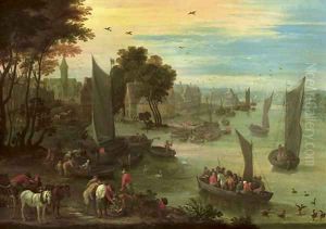 A river landscape with numerous figures in sailing boats, fishermen gathered around their catch in the foreground, a town beyond by Mathys Schoevaerdts