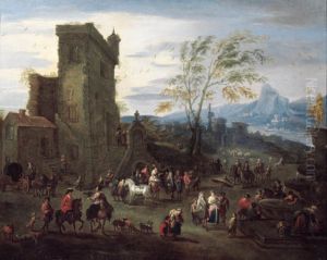 Falconry by a mansion in a river landscape by Mathys Schoevaerdts