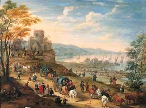 A coastal scene with drovers and their herds and travellers in horse-drawn carts on a path, a harbour with shipping beyond by Mathys Schoevaerdts