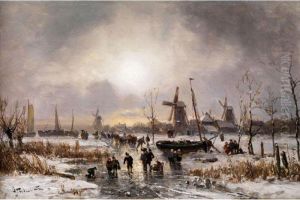Eisvergnugen In Weiter Landschaft Mit Windmuhlen by Adolf Stademann