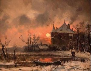 Pejzaz Zimowy Z Zamkiem O Zachodzie Slonca by Adolf Stademann