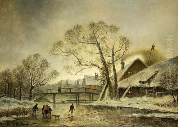 Winterlandschaft Mit Eisvergnugen Auf Einem Zugefrorenem Fluss - view 1