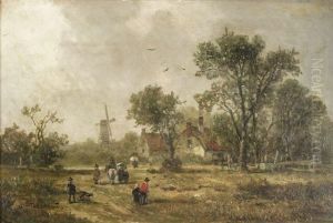 Reisende Und Bauern In Sommerlicher Landschaft An Einem Bauernhof Mit Windmuhle by Adolf Stademann