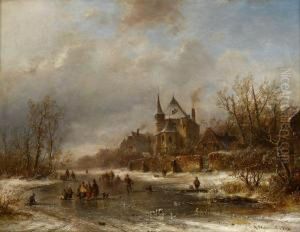 Skaters On A Frozen River by Adolf Stademann