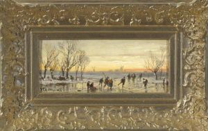 Eisvergnugen In Abendlicher Winterlandschaft by Adolf Stademann