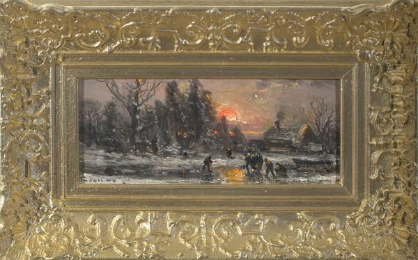 Eisvergnugen Vor Glutroter Sonne In Bewaldeter, Abendlicher Winterlandschaft - view 1