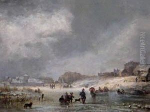 Ice Skaters On A Frozen Riverin Winter. by Adolf Stademann