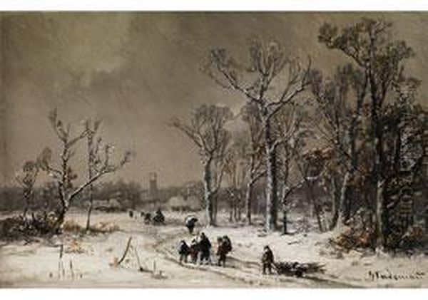 Winterlandschaft Mit Heimziehenden Personen Auf Einemverschneiten Weg - view 1