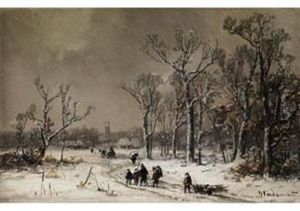 Winterlandschaft Mit Heimziehenden Personen Auf Einemverschneiten Weg
