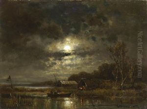 Seeufer Mit Fischerhutten Im Mondschein. by Adolf Stademann