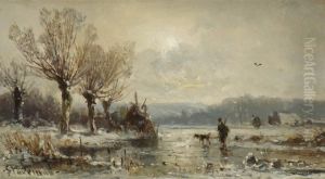 Jager Mit Hund In Winterlandschaft. by Adolf Stademann