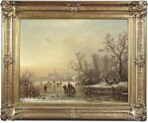 Wintry Landscape At Sunset Light With Skaters On A Frozen Lake by Adolf Stademann