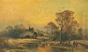 Eisvergnugen In Abendlicher Winterlandschaft Mit Malerischen Hausern by Adolf Stademann