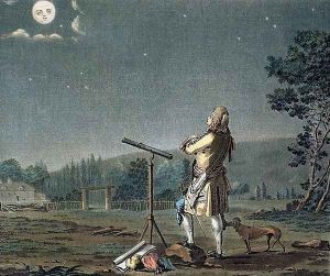 Bernard le Bovier de Fontenelle 1657-1757 contemplating the plurality of worlds, engraved by Jean Baptiste Morret fl.1790-1820 1791