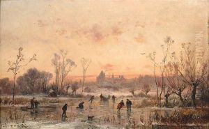 Stademann, Adolf. Sunset At A Frozen Lake With Skaters by Adolf Stademann