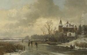 Winterliche Flusslandschaft Mit
 Eislaufern.