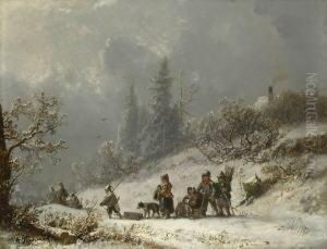 Menschengruppe Mit Schlitten Im
Schnee. by Adolf Stademann