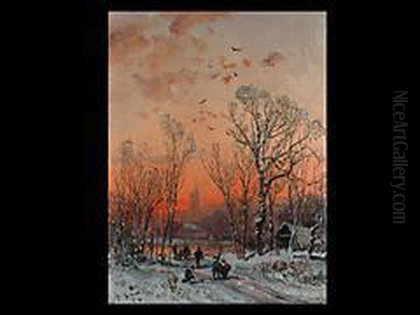 Winterlandschaft Mit Stadt Bei Sonnenuntergang - view 1