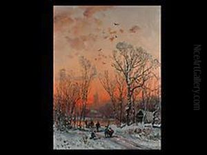 Winterlandschaft Mit Stadt Bei Sonnenuntergang Winterlandschaft Mit Stadt Bei Sonnenuntergang