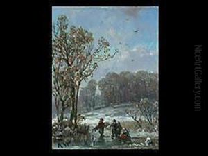 Die Reisig Sammelnden Kinder In Winterlandschaft by Adolf Stademann