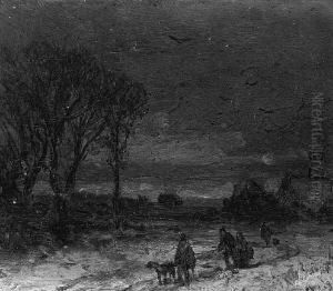 "abendliche
Winterlandschaft Mit Figurenstaffage". Monogr. A. St. Ol Auf Holz.
13 X 15,5 Cm. Rahmen by Adolf Stademann