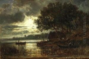 Fischerboote Am Nachtlichen
 Seeufer.