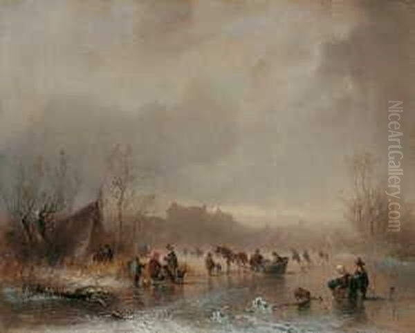 Winterliches Treiben Auf Dem 
Eis. Signiert Unten Links: Stademann. Ol Auf Leinwand. H 39; B 49 Cm. - view 1