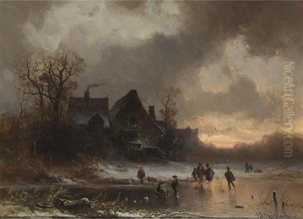 Winter Landscape With Figures On The Ice And A Farmhouse In The Background. by Adolf Stademann