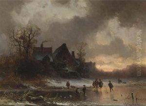 Winter Landscape With Figures On The Ice And A Farmhouse In The Background.