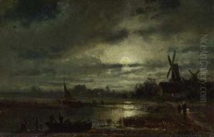 Mondbeschienene Kuste Mit Fischerbooten Und Windmuhle by Adolf Stademann