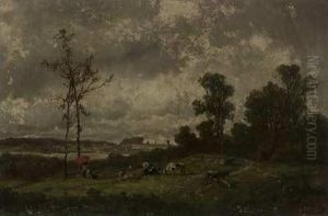 Weitlaufige Sommerlandschaft Mit Personen Und Kuhen