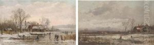 Skaters In A Winter Landscape; Crossing A River In A Winterlandscape by Adolf Stademann
