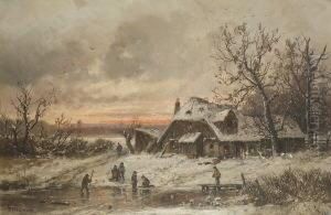 Abendliche Winterlandschaft Mit
 Spielenden Kindern Auf Dem Zugefrorenen See Vor Dem
 Bauernhaus.