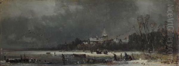 Skaters On A Lake By A Village - view 1