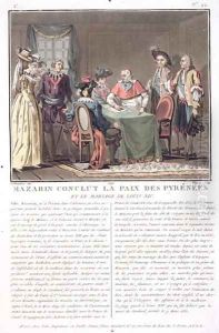 Cardinal Mazarin 1602-61 concludes the Peace of the Pyrenees, 1659, engraved by Jean Baptiste Morret fl.1790-1820, 1790 by Jacques Francois Joseph Swebach