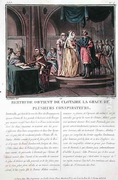 Clothaire II, King of the Franks 584-628 is beseeched by his wife Bertrude d.620 to spare the lives of several conspirators, engraved by Jean Baptiste Morret fl.1790-1820, 179 - view 1